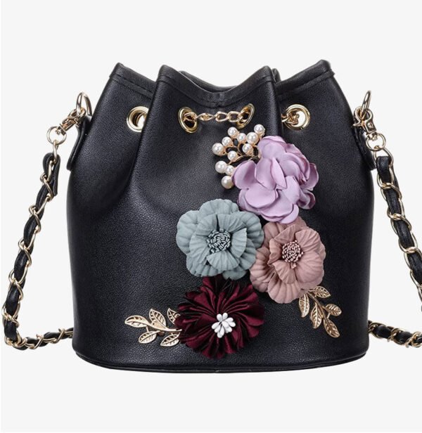 PU Leather Flower Drawstring Bucket Bag - Image 2