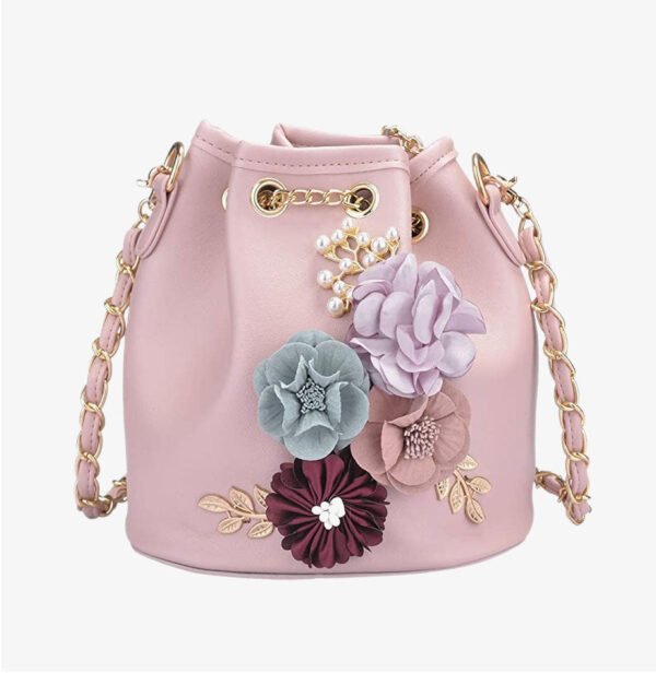 PU Leather Flower Drawstring Bucket Bag - Image 4